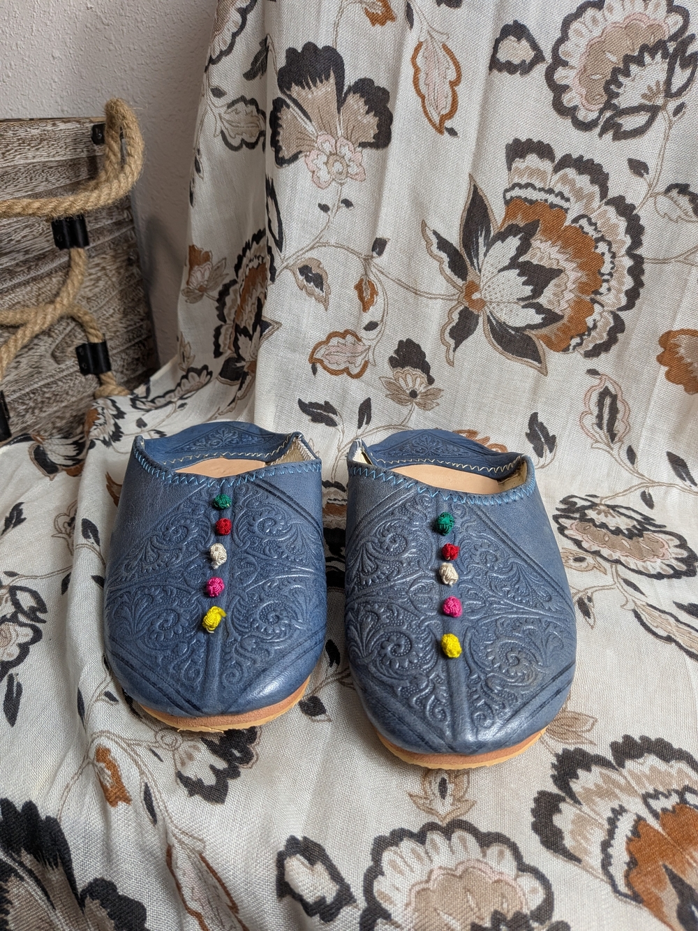 Women's Navy Embossed Leather Slip-On Mules with Colorful Bead Detail